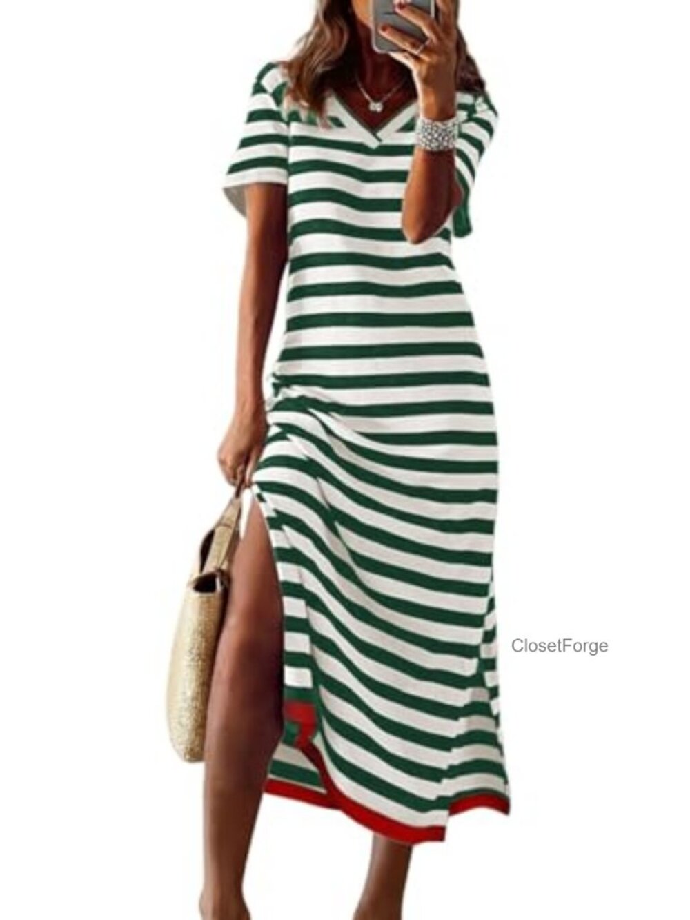 Short Sleeve Striped Maxi Dress Split T Shirt Dress